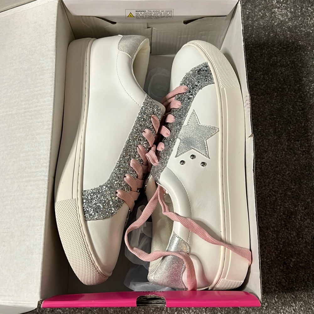 Corkys White Sneakers with Silver Glitter & Pink Laces